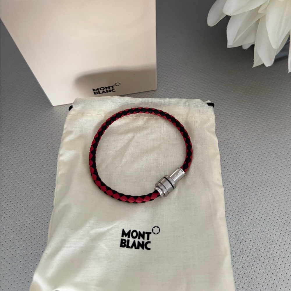 Montblanc Men’s Braided Leather Bracelet - Red & Black, Stainless Steel Clasp